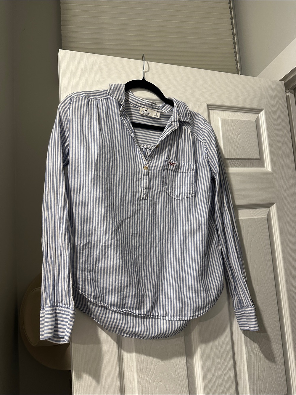 Hollister Light Blue and White Striped Button-Pullover Shirt